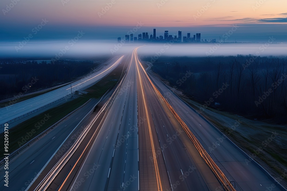Twilight Highway Landscape with Mist and Skyline View Twilight Highway Landscape with Mist and Skyline View