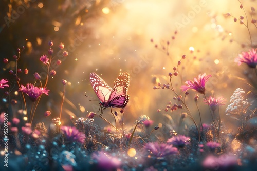 A single butterfly takes flight in a meadow of wildflowers bathed in golden sunlight