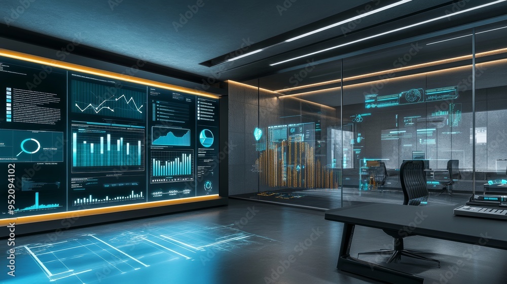 A futuristic office environment filled with holographic displays showing data analytics and business metrics. The space is sleek and modern, with transparent screens floating in mid-air, displaying A futuristic office environment filled with holographic displays showing data analytics and business metrics. The space is sleek and modern, with transparent screens floating in mid-air, displaying