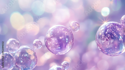 Transparent soap bubbles floating on a futuristic purple background, creating a dream and magic atmosphere. Cosmetic skincare product texture