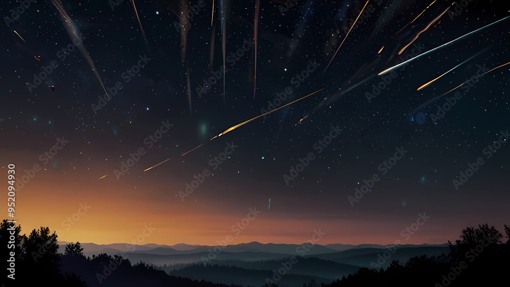 Abstract background illustrating multiple meteors falling towards a horizon Abstract background illustrating multiple meteors falling towards a horizon