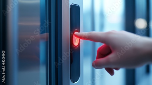 A close-up of a biometric scanner being used in a corporate environment for secure access control. The scanner is sleek and modern, integrated into a high-tech security system that ensures only