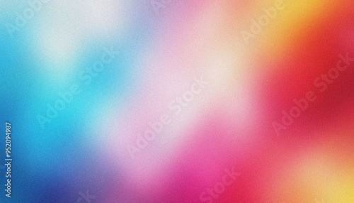 Blurred background with grainy texture, gradient in blue, red, and yellow color with noise effect