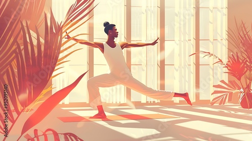 An illustration of a man performing yoga in a gym, with a focus on balance and calmness, using earthy tones and fluid lines to create a serene atmosphere  photo