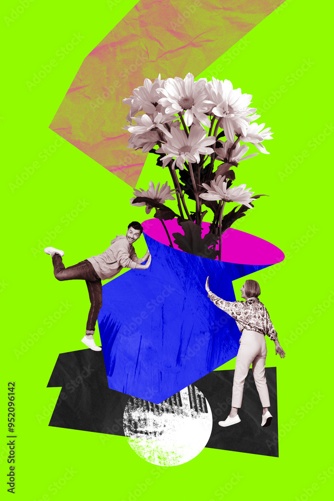 Φωτογραφία Vertical photo collage of two happy girl guy couple international woman day pres
