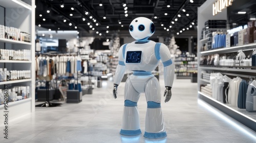 A futuristic retail environment where AI-powered systems are optimizing customer experience and inventory management. The store is clean and minimalist, with digital interfaces and robotic assistants