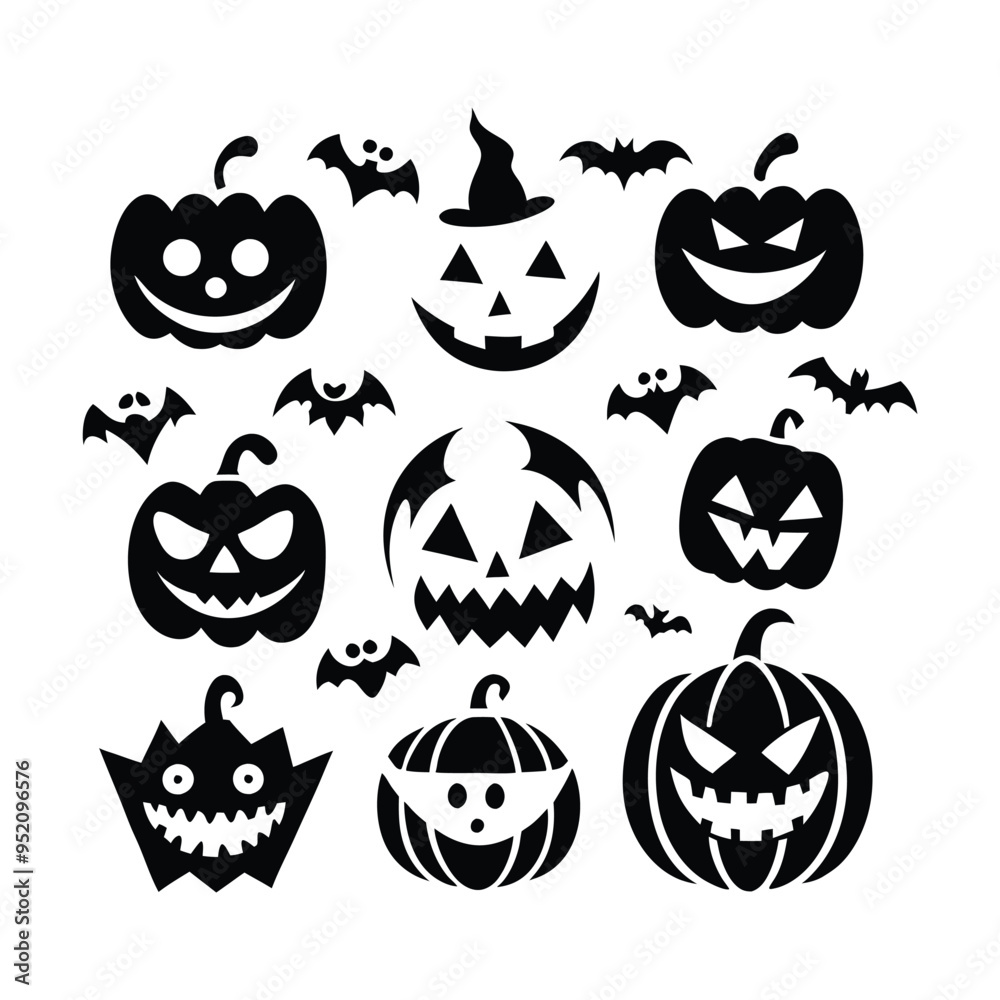 Obraz premium scary and funny Halloween pumpkin and ghost faces vector collection.