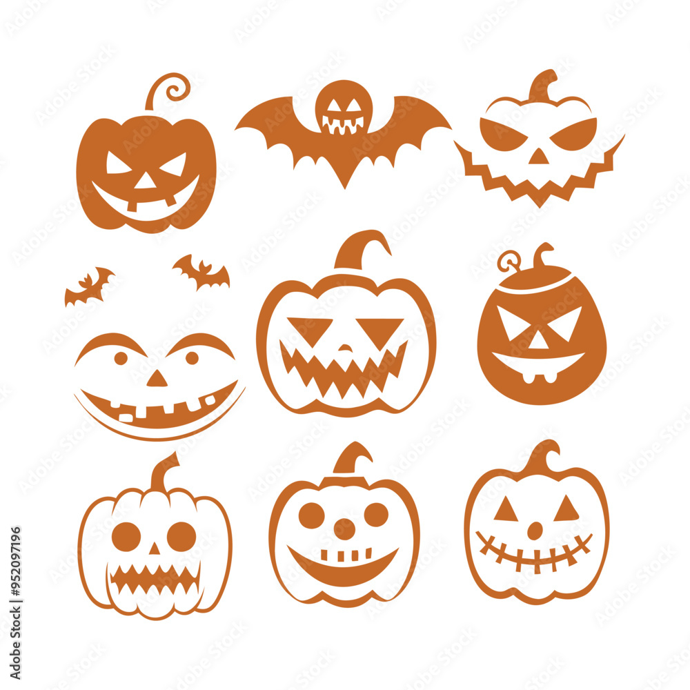 Obraz premium scary and funny Halloween pumpkin and ghost faces vector collection.