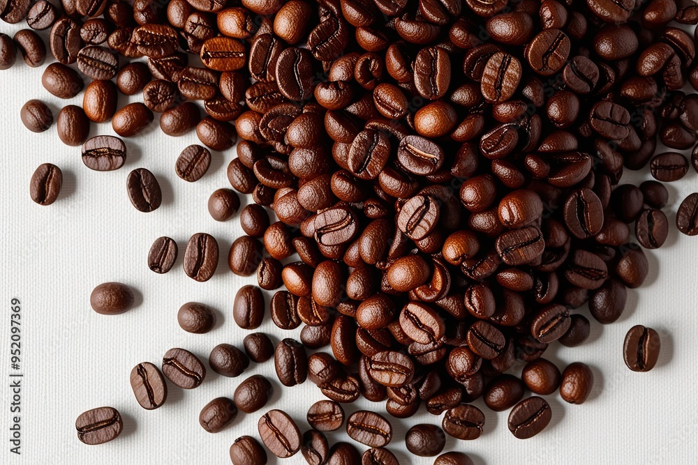Obraz premium Aerial View of Roasted Coffee Beans on White Background