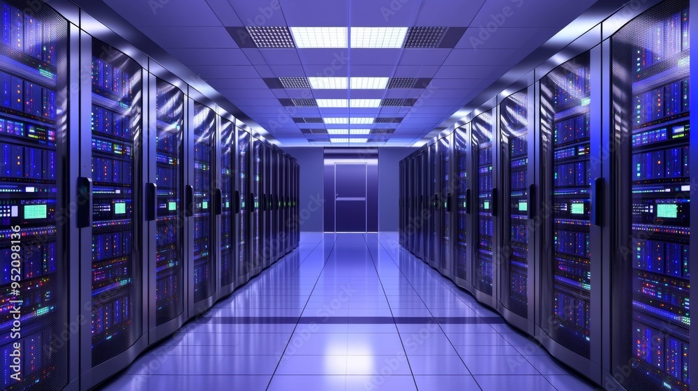 A clean and modern data center filled with rows of servers and network equipment, symbolizing the backbone of digital business operations. The environment is clean and secure, with LED lights A clean and modern data center filled with rows of servers and network equipment, symbolizing the backbone of digital business operations. The environment is clean and secure, with LED lights