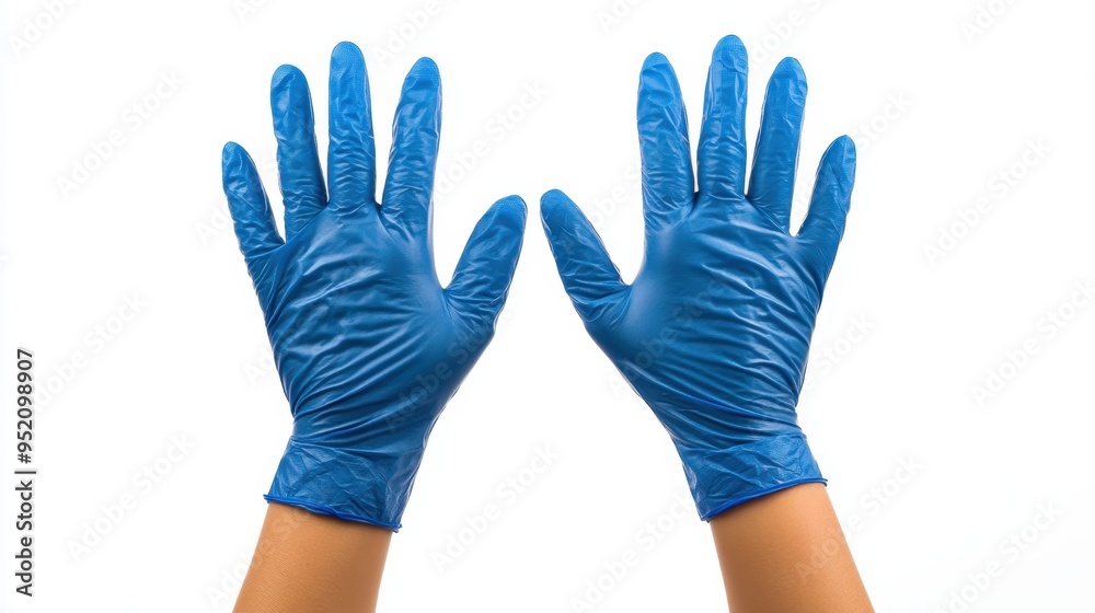 Obraz premium Precision in Protection: Human Hands Showcasing High-Quality Blue Surgical Gloves on White Background