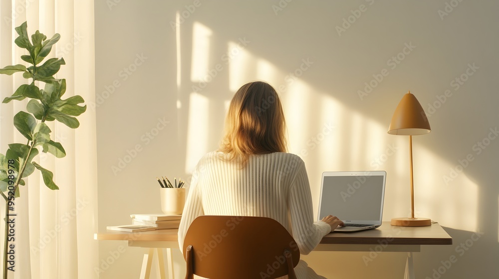 Young Woman Focused on Remote Work at Cozy Home Office Desk Young Woman Focused on Remote Work at Cozy Home Office Desk