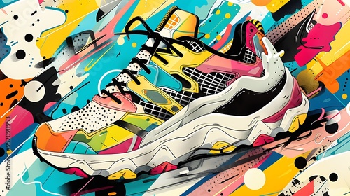 A detailed drawing of gym footwear, with emphasis on design elements like laces, soles, and branding, set against a background of abstract shapes and patterns  photo