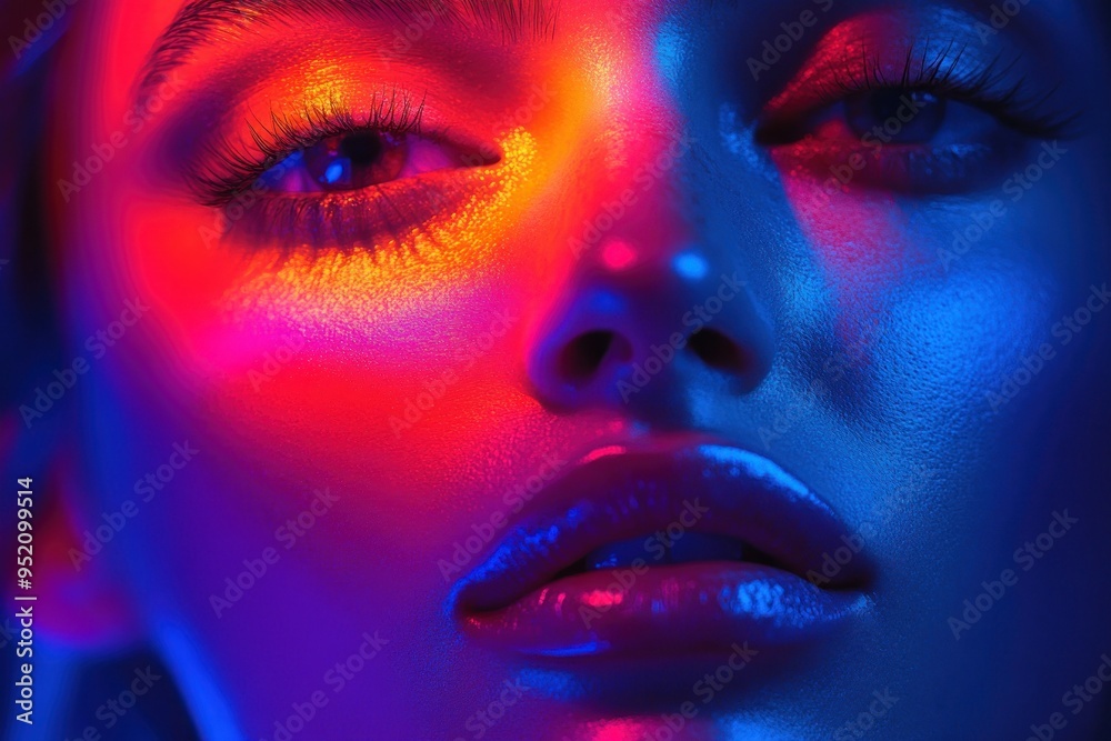 Close-up of a Woman's Face Illuminated by Neon Lights Close-up of a Woman's Face Illuminated by Neon Lights