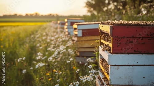 A clean and modern bee farm where automated systems optimize hive management, honey production, and bee health. The image captures rows of bee hives in a well-maintained environment, with digital