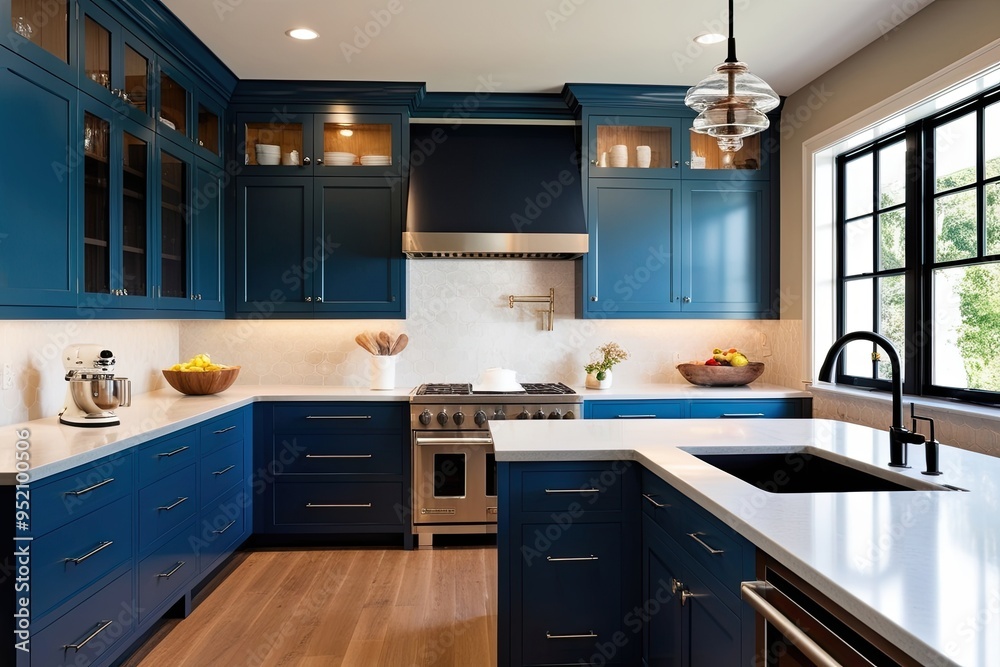 Elegant Kitchen Design Featuring Steel Blue Cabinets and Modern Cabinetry Elegant Kitchen Design Featuring Steel Blue Cabinets and Modern Cabinetry
