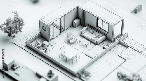 Minimalist 3D Model of a House Interior and Exterior.