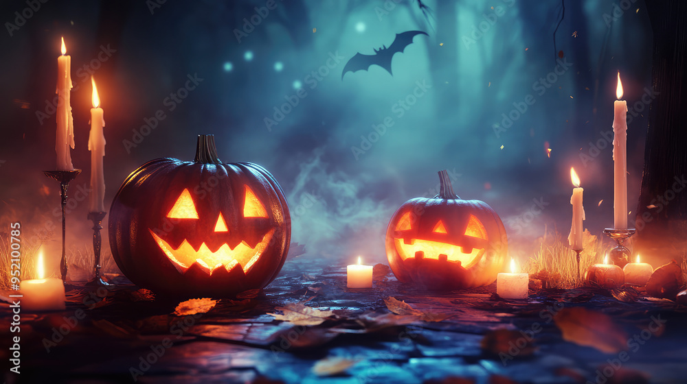 Spooky Halloween party invitation with ghostly mist, carved pumpkins, and glowing candles. Spooky Halloween party invitation with ghostly mist, carved pumpkins, and glowing candles.