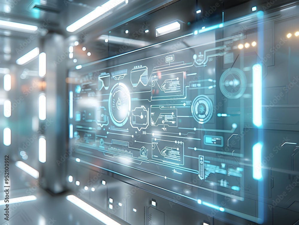 Futuristic Holographic Interface Showcasing Floating Idea Icons in a Sleek Advanced Technology Room Futuristic Holographic Interface Showcasing Floating Idea Icons in a Sleek Advanced Technology Room