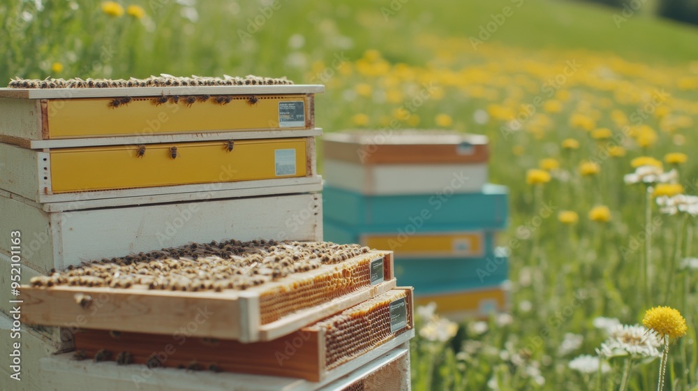 A clean and modern bee farm where automated systems optimize hive management, honey production, and bee health. The image captures rows of bee hives in a well-maintained environment, with digital A clean and modern bee farm where automated systems optimize hive management, honey production, and bee health. The image captures rows of bee hives in a well-maintained environment, with digital