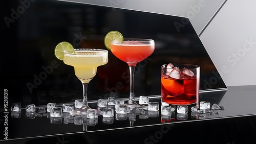 Freshening margarita, cosmopolitan and negroni with ice cubes on black backdrop, concept photo