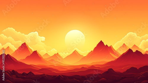 An orange sunset casts a radiant glow over the mountain landscape.