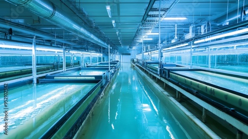 A futuristic fish hatchery where automated systems optimize water quality, feeding, and fish growth. The image shows rows of clean tanks filled with fish eggs and fry, with digital interfaces