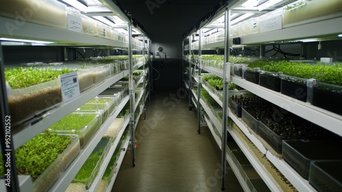 A futuristic fish hatchery where automated systems optimize water quality, feeding, and fish growth. The image shows rows of clean tanks filled with fish eggs and fry, with digital interfaces