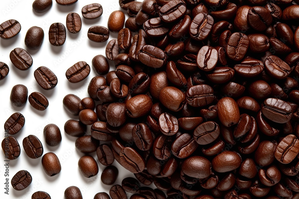 Obraz premium Aerial Perspective of Fresh Hot Dark Roast Coffee Beans on White Background