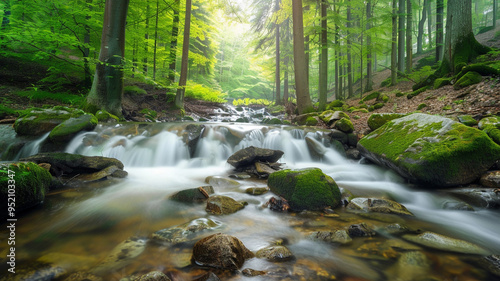 a forest with a gentle stream flowing over smooth stones and creating a soothing sound