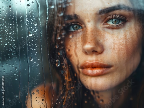 Pensive Woman Gazing Out at Rainy Window Reflective Expression Amidst Melancholy Emotions