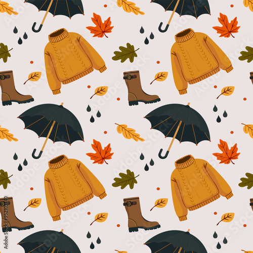 Autumn seamless pattern with leaves, umbrella, boots and knitted sweater on light background Illustration for wallpaper, wrapping paper, fabric, seasonal holidays Vector style