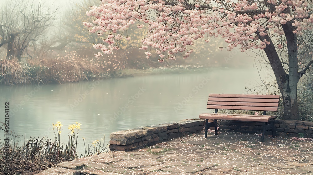 Obraz premium A misty lake reflects the soft pink of cherry blossoms near a tranquil spring bench.