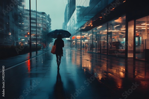 Rainy Cityscape with Woman Under Umbrella