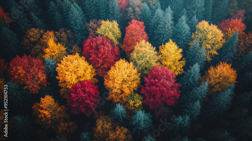 Bird's Eye View of a Forest in Autumn - An aerial view of a dense forest with colorful fall leaves in shades of red, yellow and orange.