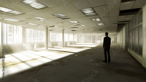 Businessman standing alone in an empty office, reflecting on closure, void of furniture, sunlight streaming through windows, capturing poignant moment of transition and loss