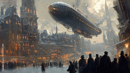 Steam-powered airship docking at a floating city