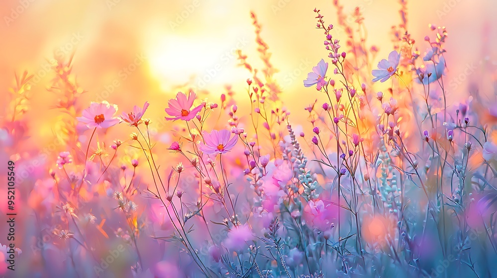 Pink flowers bloom softly in a field, bathed in the warm hues of sunset. Pink flowers bloom softly in a field, bathed in the warm hues of sunset.