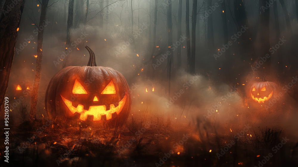Naklejka premium Halloween invitation featuring creepy jack-o'-lanterns and ghostly mist in a dark forest.