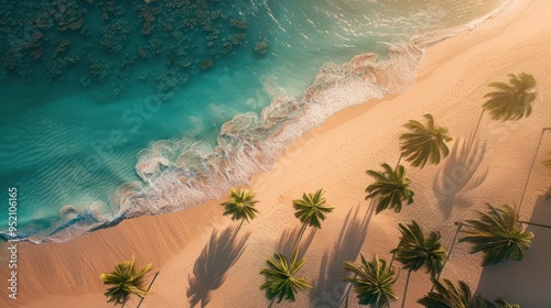 An aerial view of a secluded tropical beach at sunset, with palm trees forming a natural canopy over the soft sand and turquoise waters