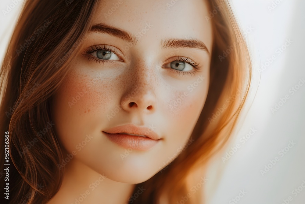 Fototapeta premium Serene and Confident Young Woman with Thoughtful Gaze in Natural Lighting