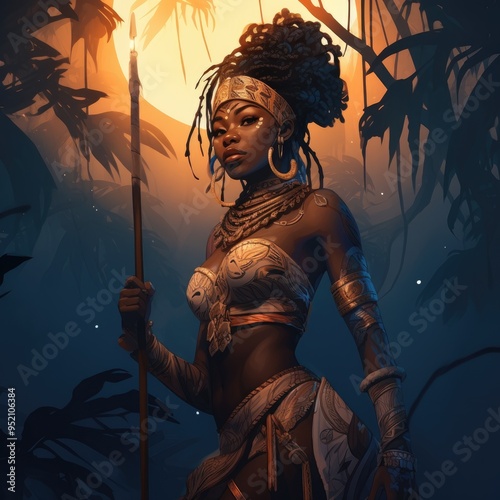 African woman with a spear on a night hunt. photo