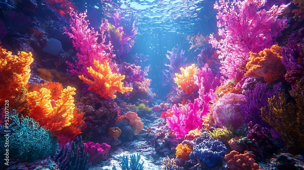 Naklejka premium A lively coral reef scene comes alive with sunbeams shining through the water.