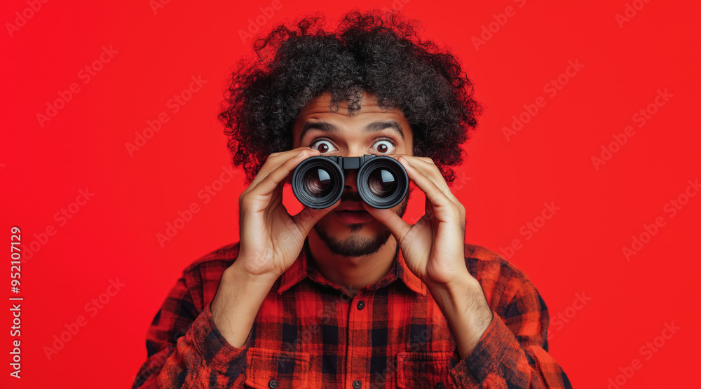 Young man with binoculars near head, surprised unbelieving expression, studio photo. Generative AI