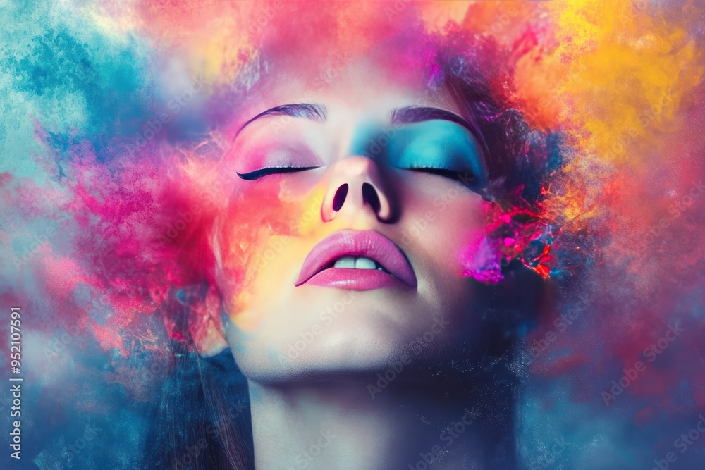 Obraz premium A Woman's Face Surrounded by Colorful Smoke
