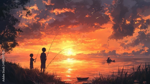 Father and Son Fishing at Sunset