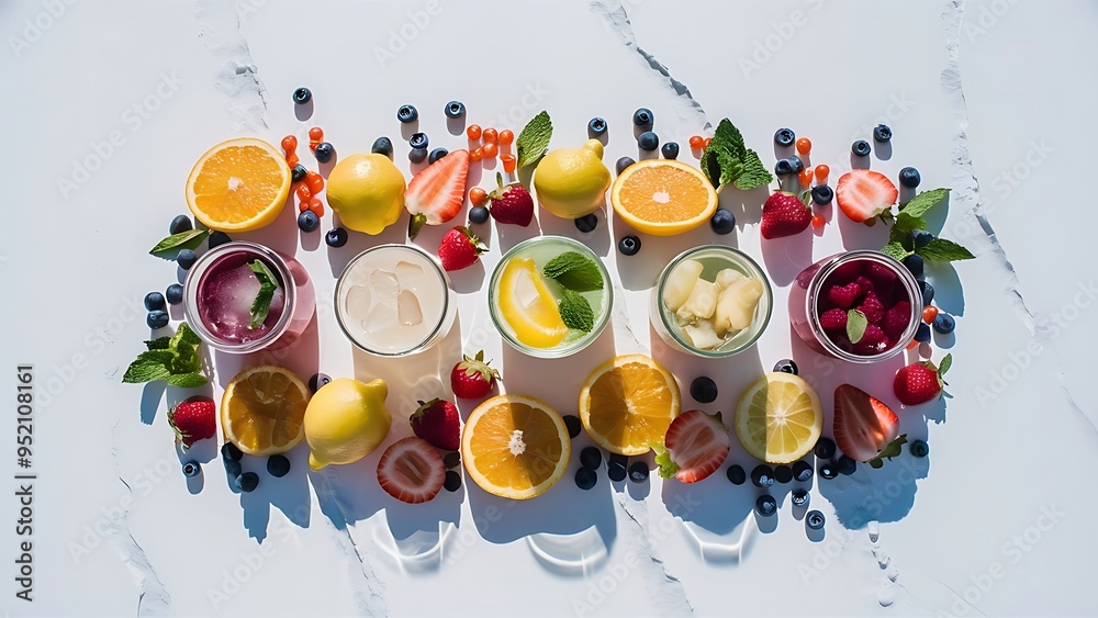 Fototapeta premium Full frame of arranged detox drinks, fruits and berries isolated on white