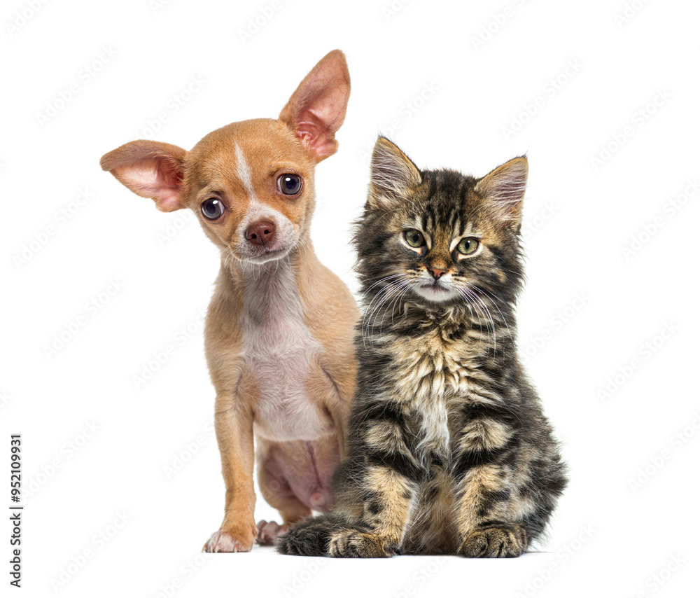 Chihuahua puppy and norwegian forest cat kitten sitting together Chihuahua puppy and norwegian forest cat kitten sitting together