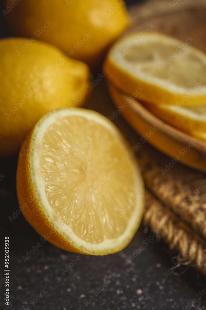Fresh and juicy lemon on a dark rustic background Fresh and juicy lemon on a dark rustic background
