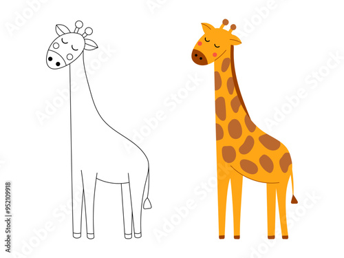 Cute Cartoon Giraffe Coloring Page for Kids with Vibrant Colored Version. Hand Drawn Flat Vector Illustration Isolated.